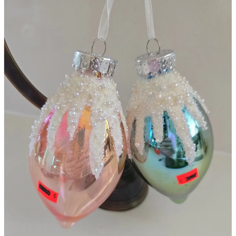 Set of 2 Gerson and Co Iridescent Glass Teardrop Christmas Ornaments New